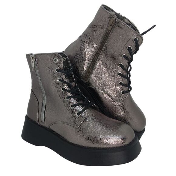 Steve Madden Womens NEW Designer Pewter Glitter Combat Boots w/Zipper - sz. 4 - Picture 1 of 6